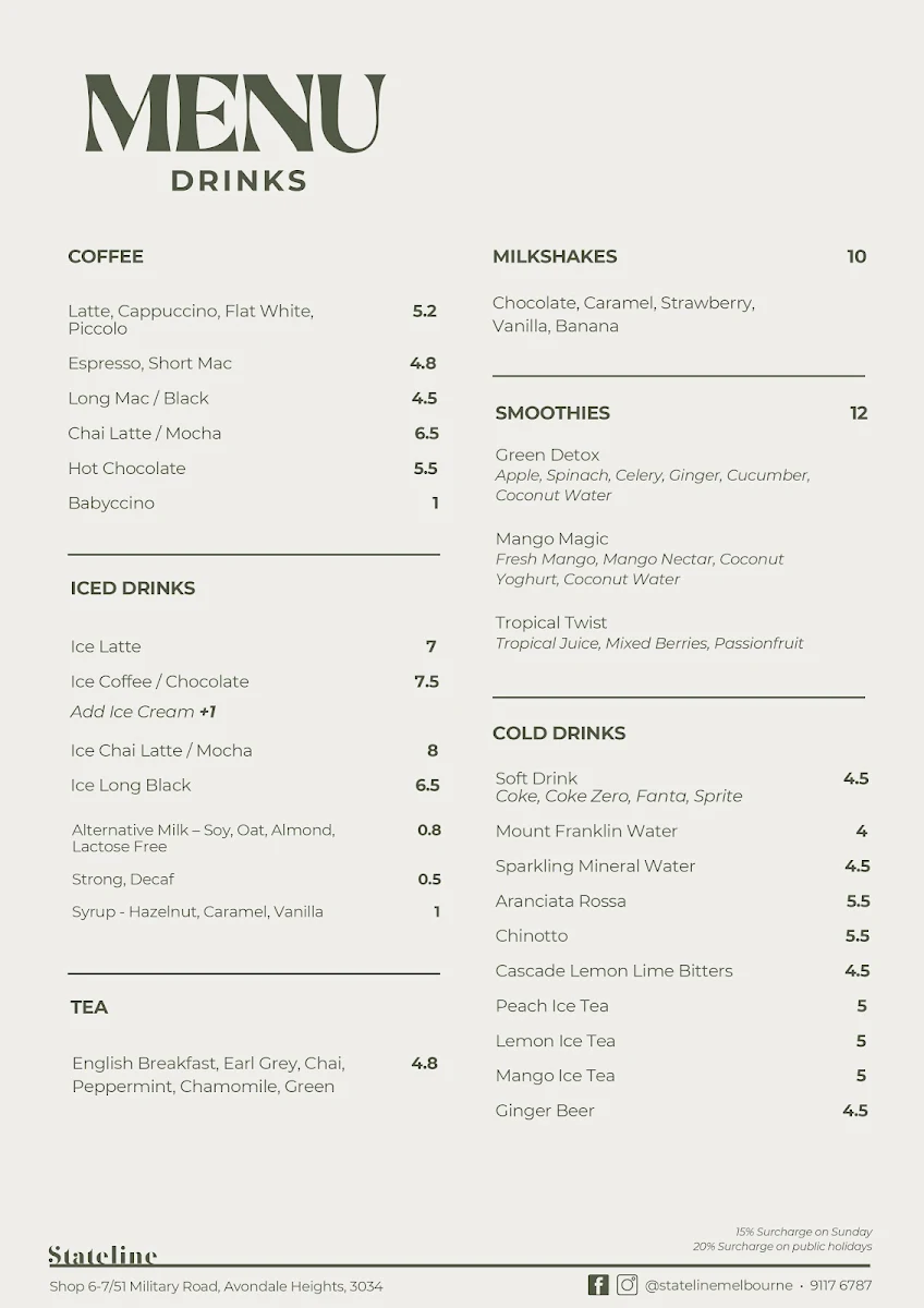 Menu, Stateline Melbourne