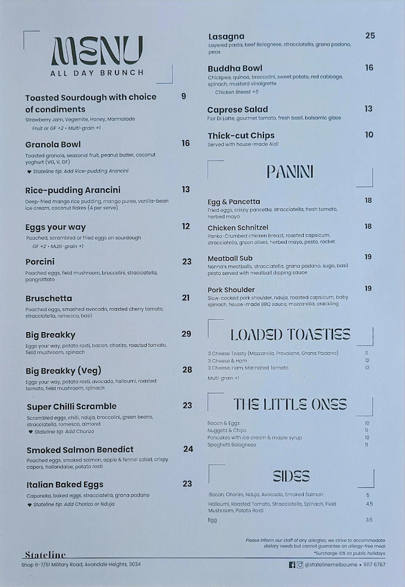 Menu, Stateline Melbourne