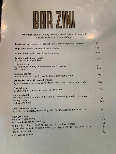 Menu, Bar Zini
