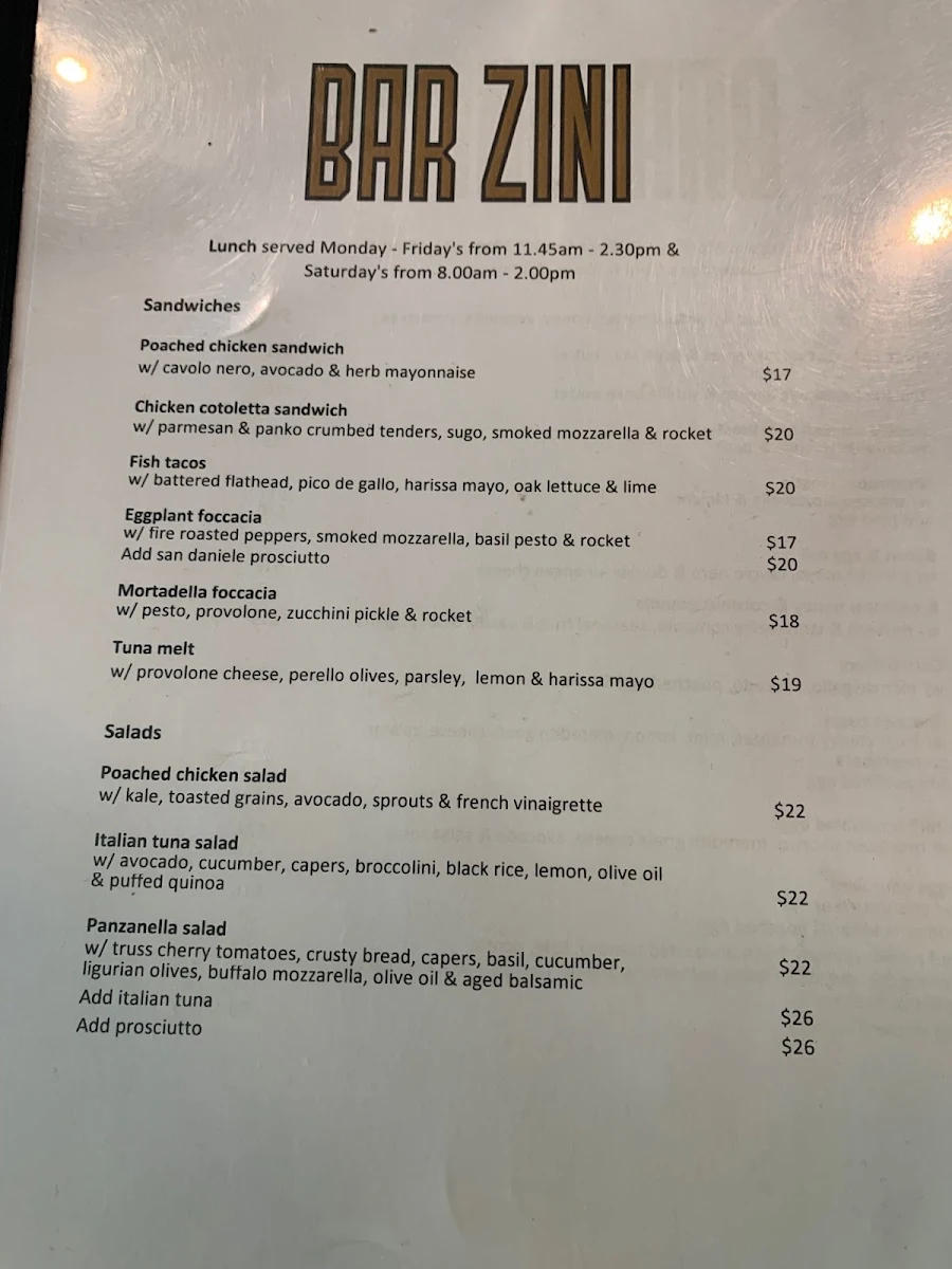Menu, Bar Zini