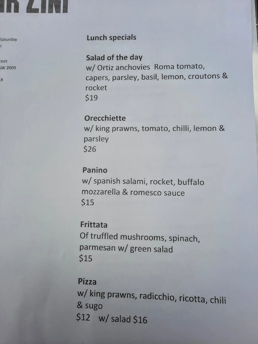 Menu, Bar Zini