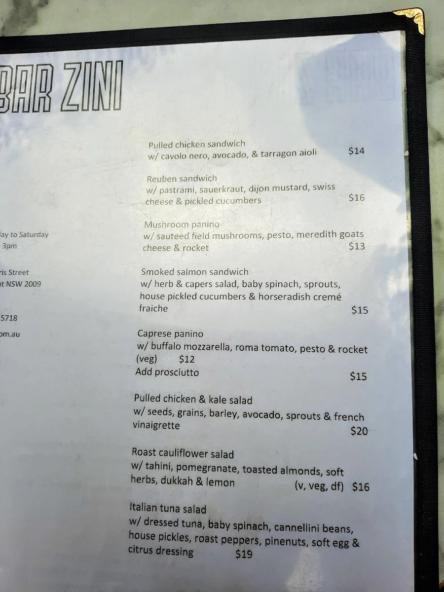 Menu, Bar Zini