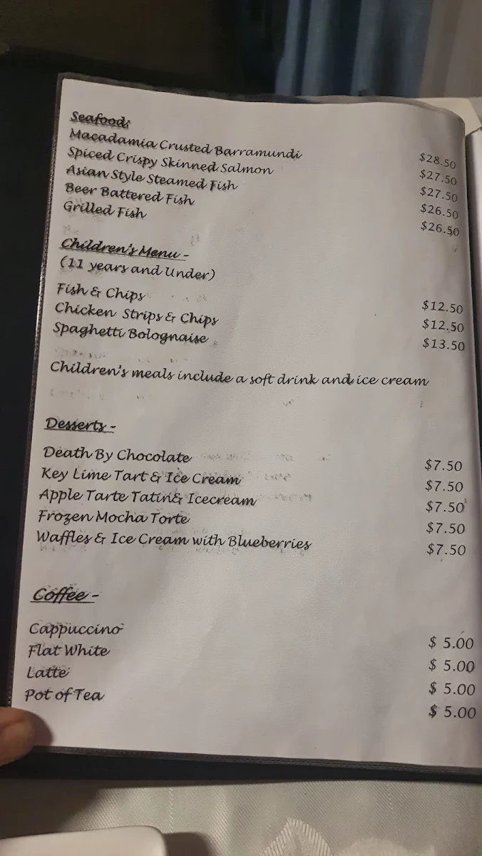 Menu, Billabong Restaurant