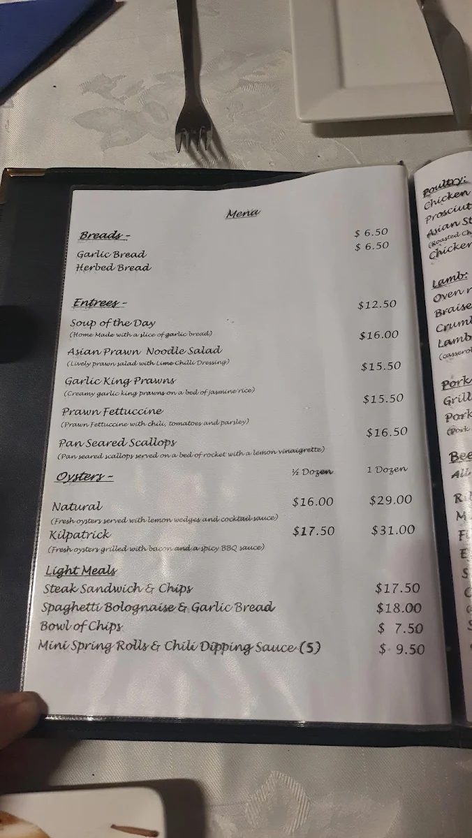 Menu, Billabong Restaurant