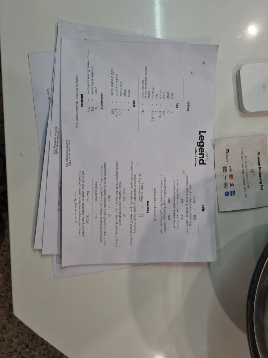 Menu, Legend Coffee Terrigal