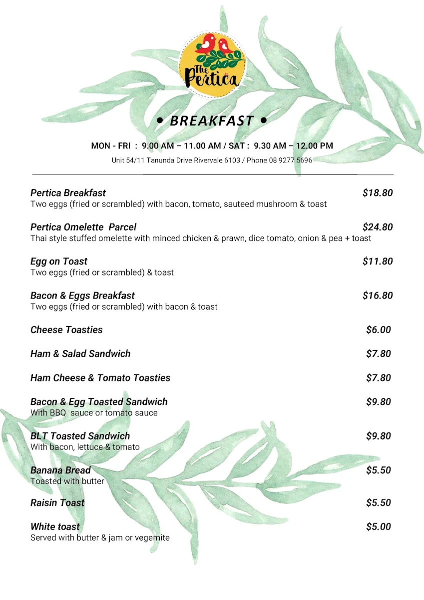 Menu, The Pertica Cafe