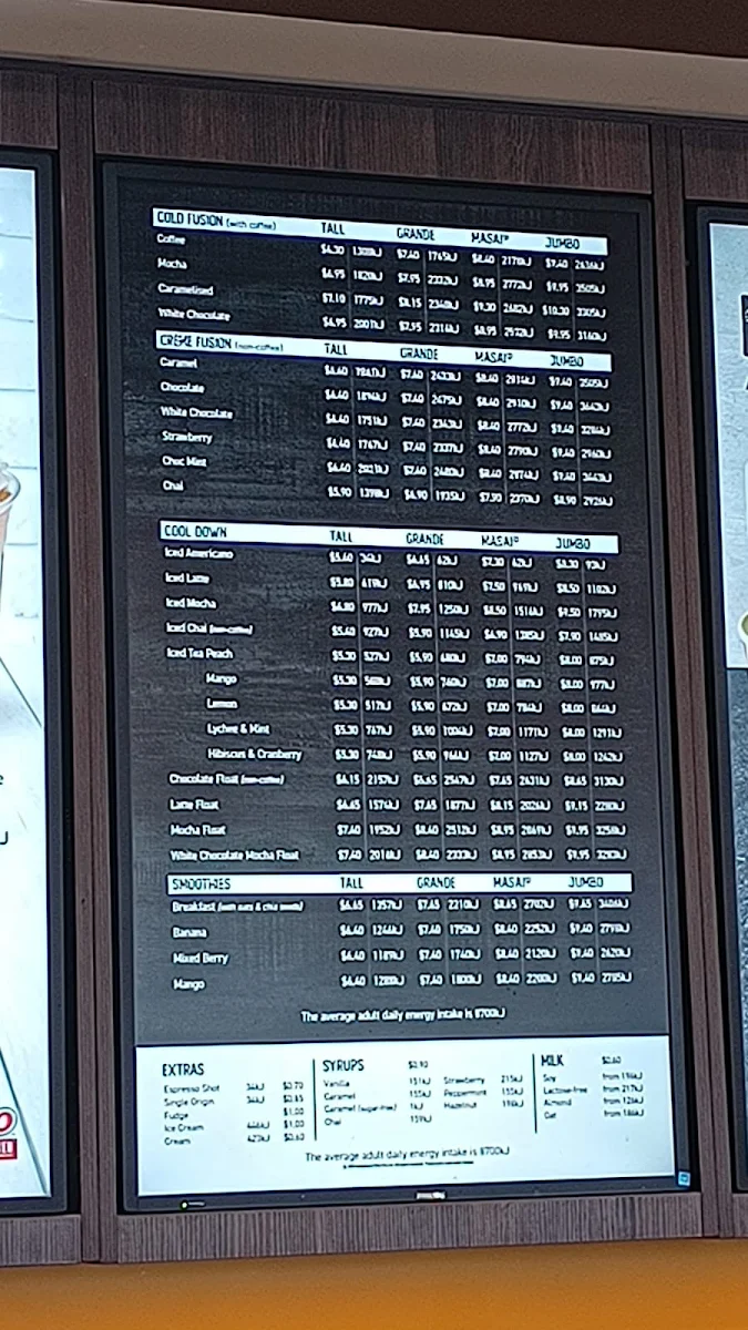 Menu, Zarraffa's Coffee Underwood