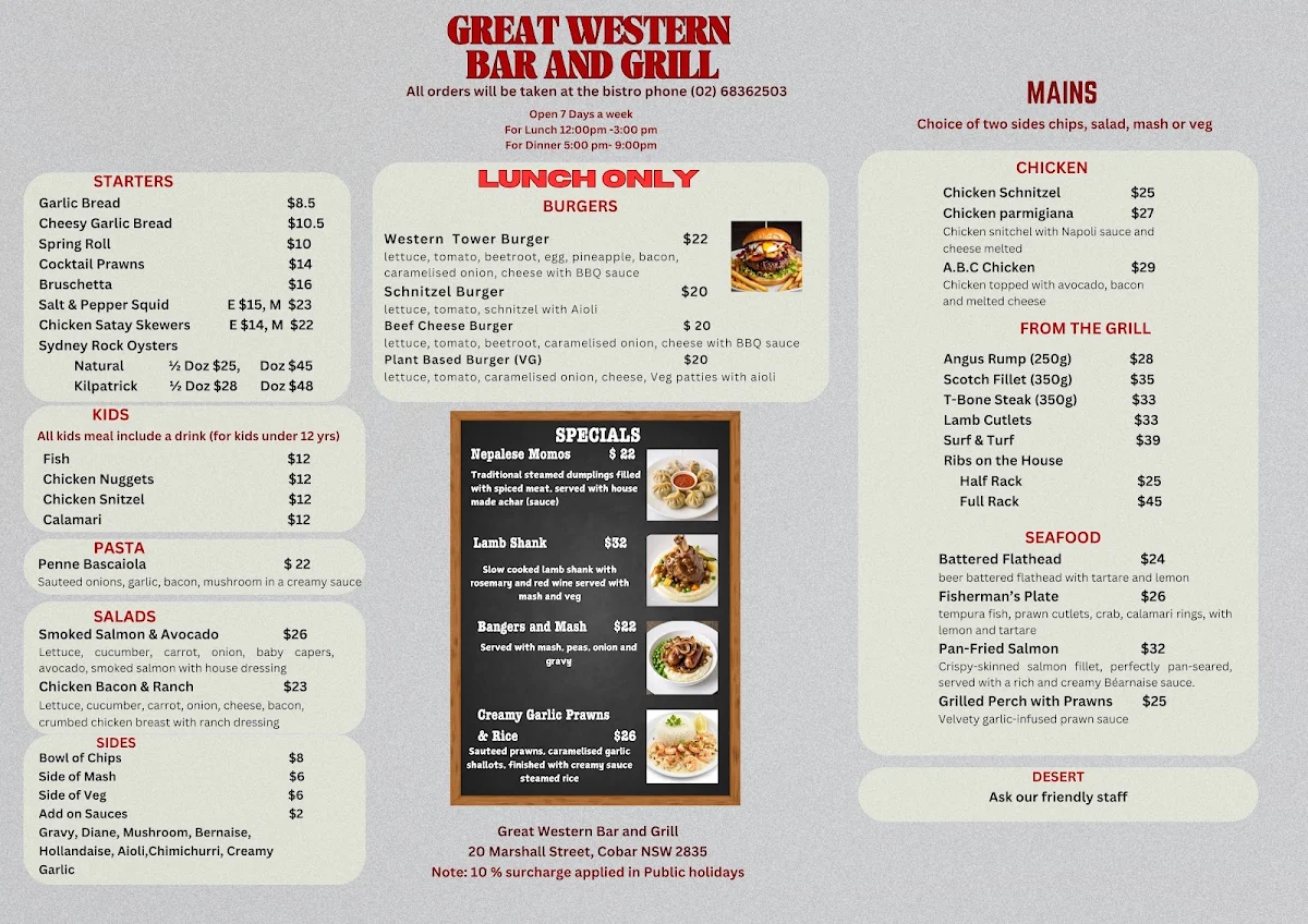 Menu, Greatwestern Bar and grill