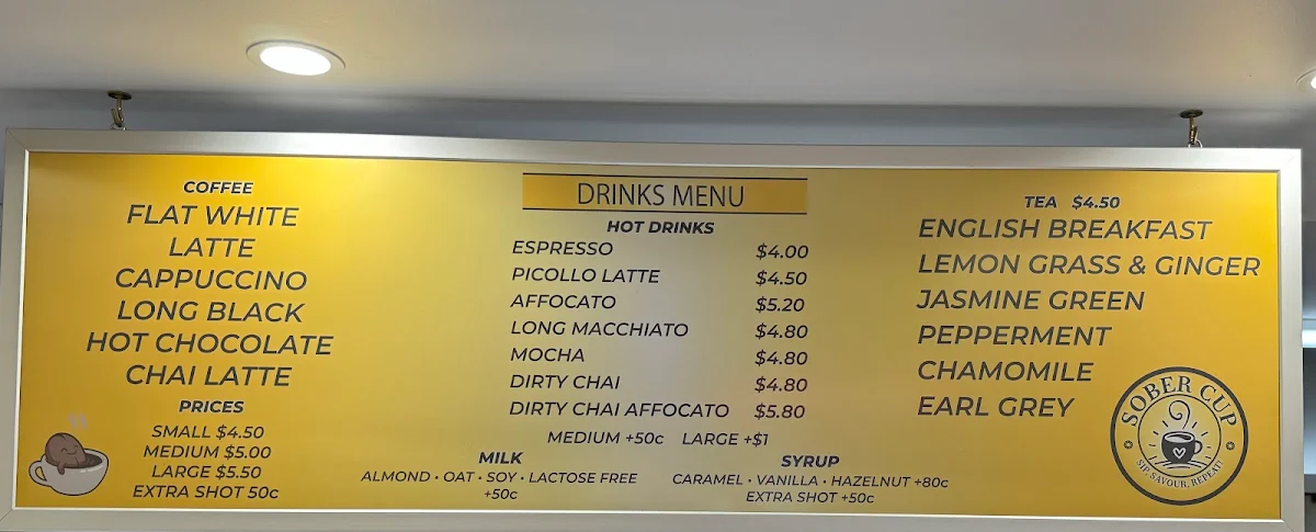Menu, Sober Cup Cafe
