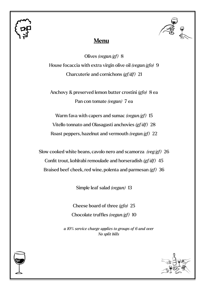 Menu, Where's Nick Wine Bar