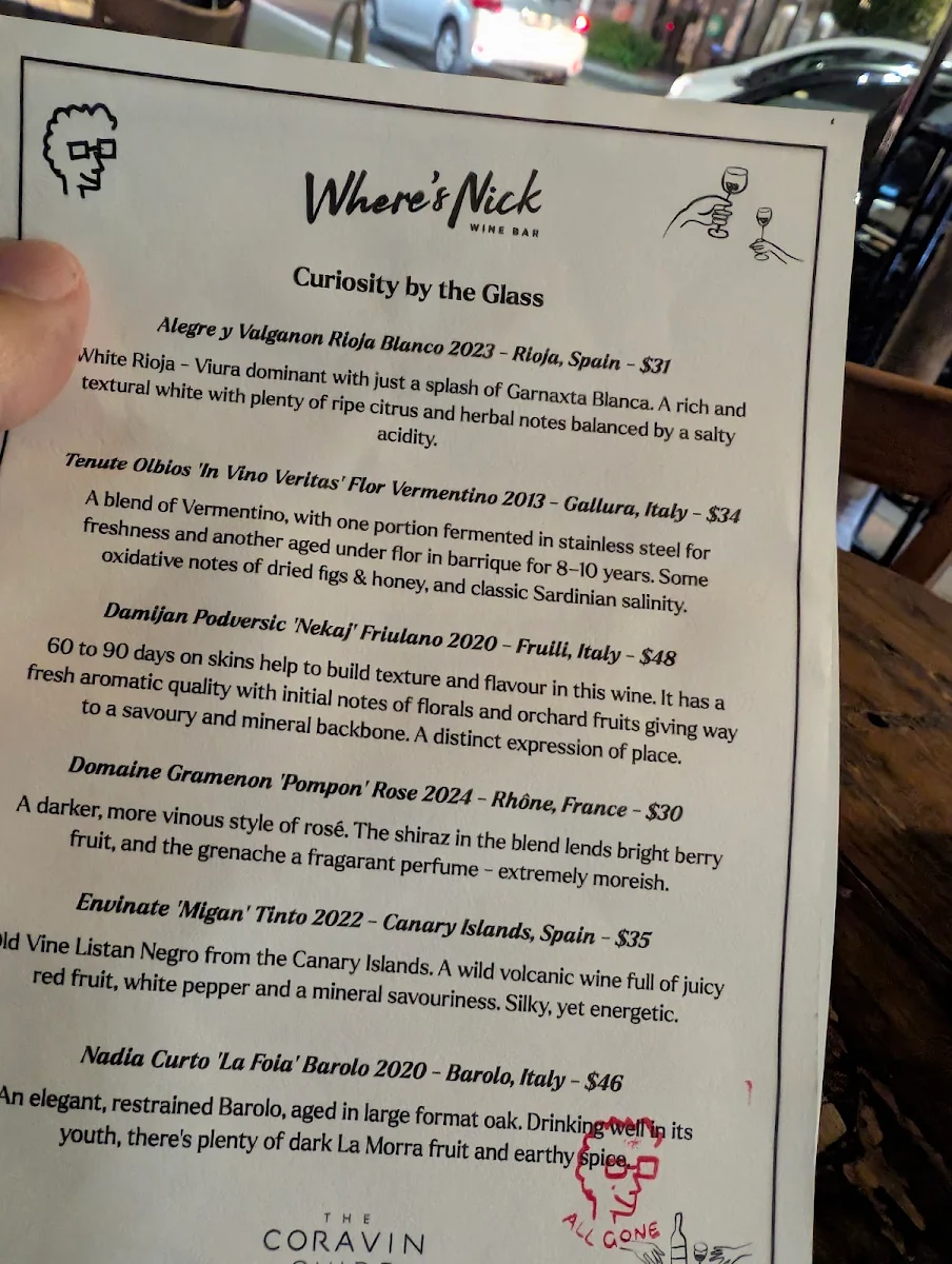 Menu, Where's Nick Wine Bar