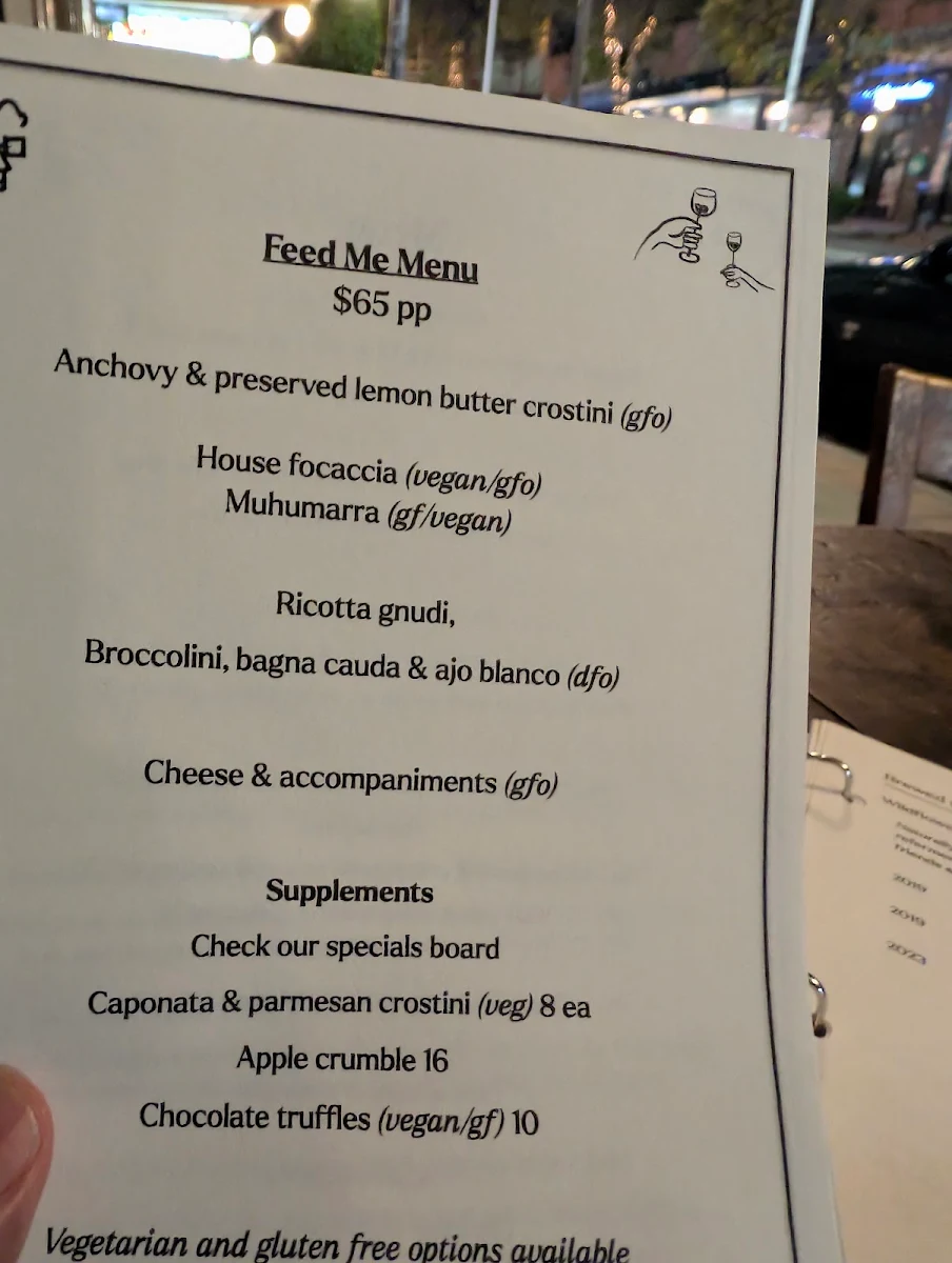 Menu, Where's Nick Wine Bar