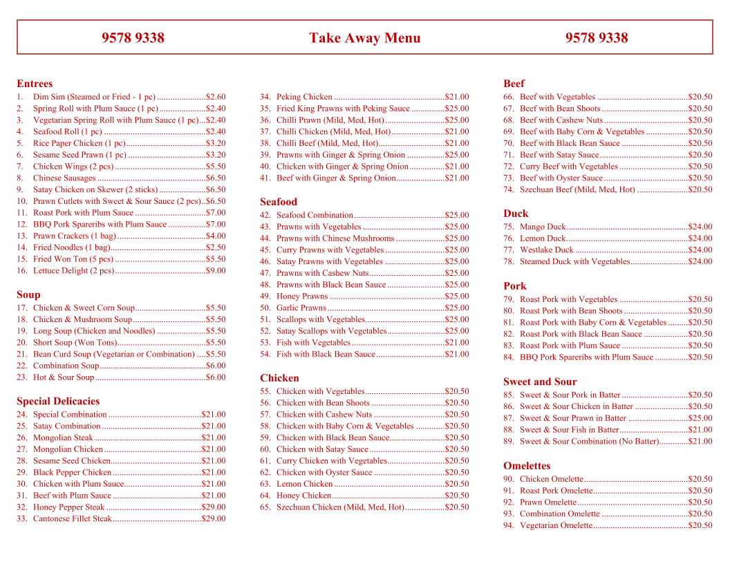 Menu, Silver Dragon Restaurant