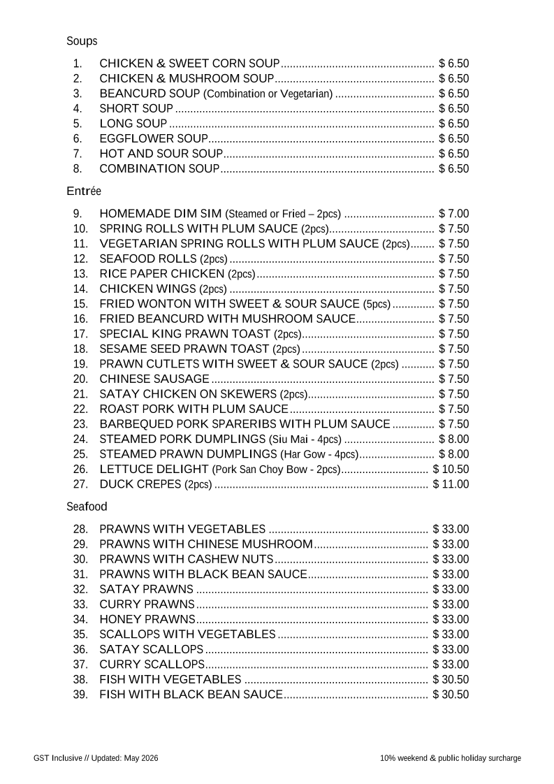 Menu, Silver Dragon Restaurant