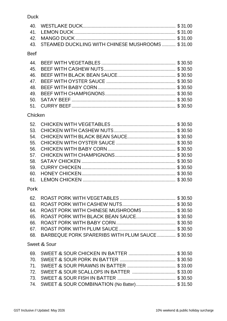 Menu, Silver Dragon Restaurant