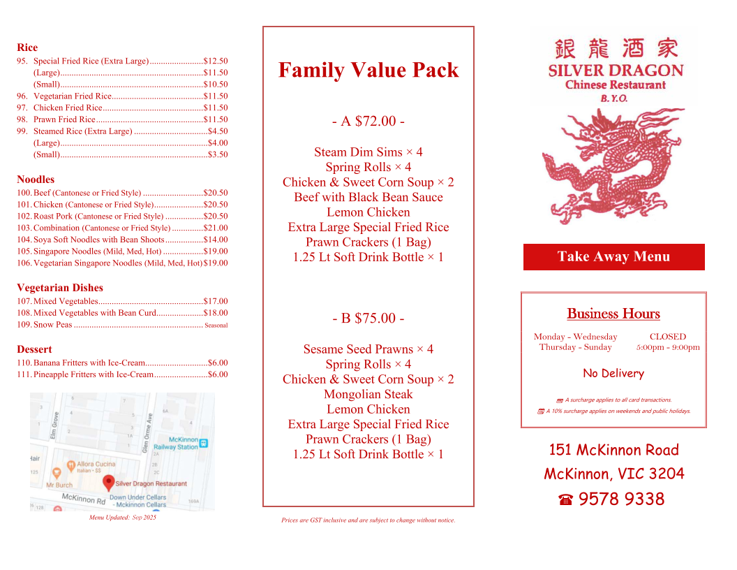 Menu, Silver Dragon Restaurant