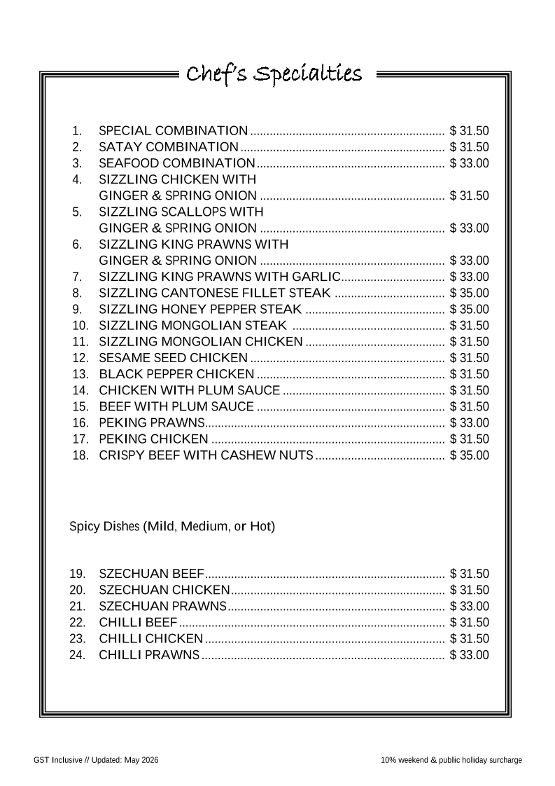 Menu, Silver Dragon Restaurant