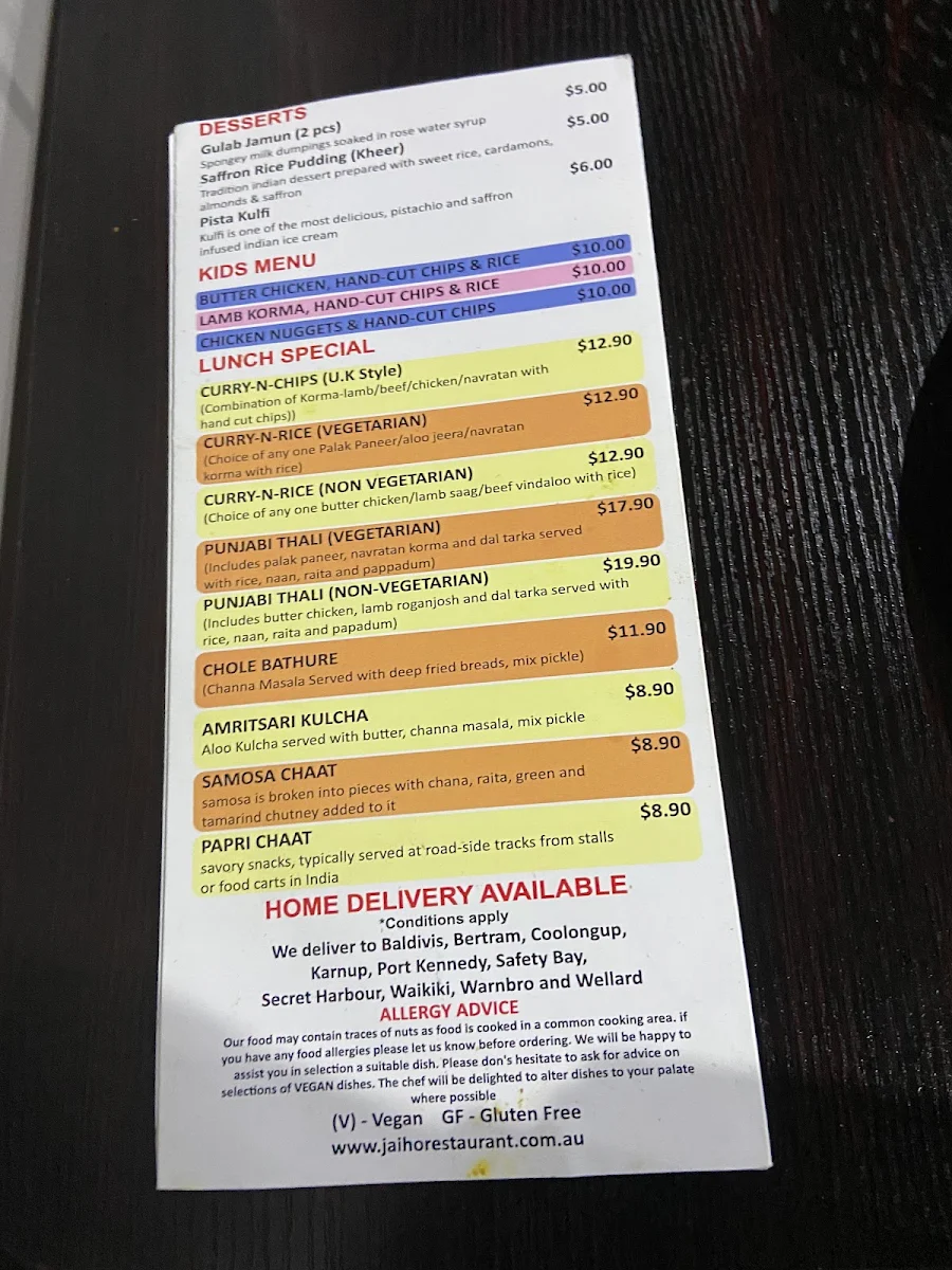 Menu, Jai Ho Indian Gourmet South Lake