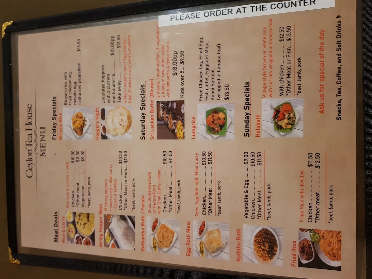 Menu, Ceylon Tea House