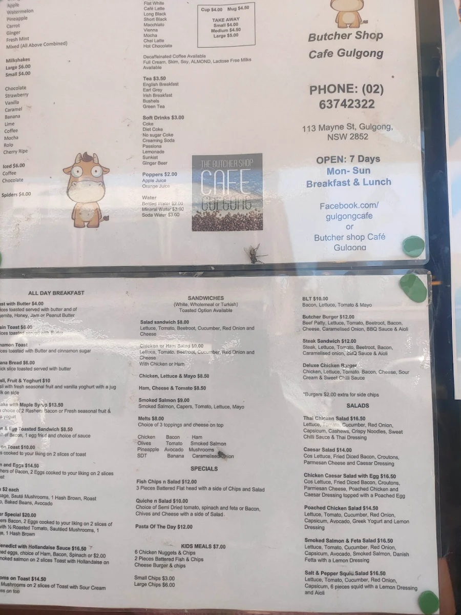 Menu, Silver Fox Cafe Gulgong