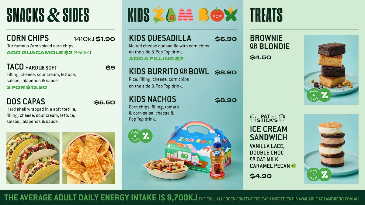 Menu, Zambrero Melville