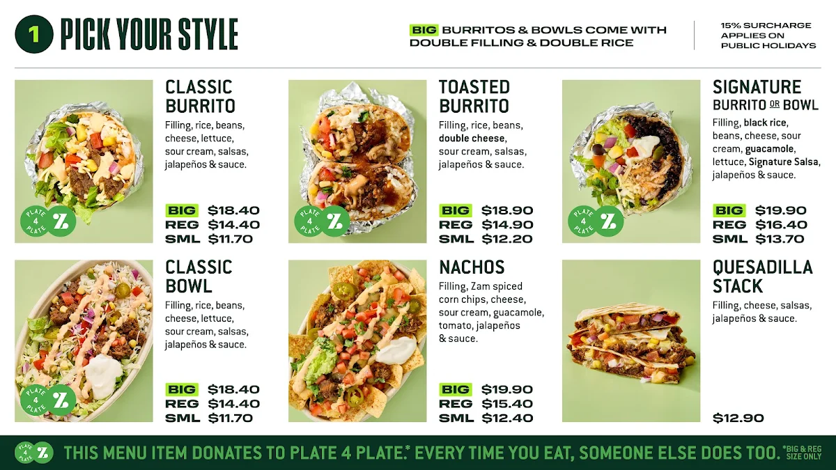 Menu, Zambrero Melville