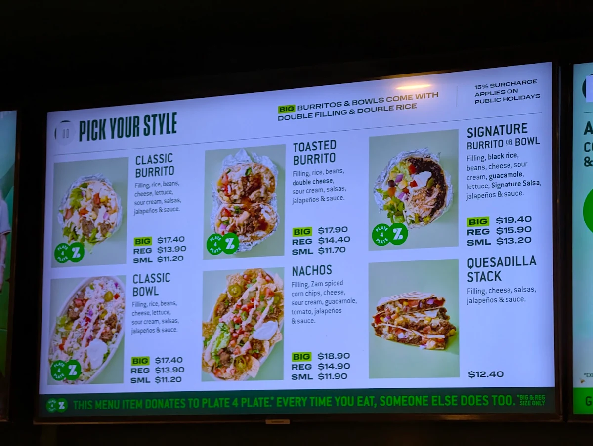 Menu, Zambrero Melville