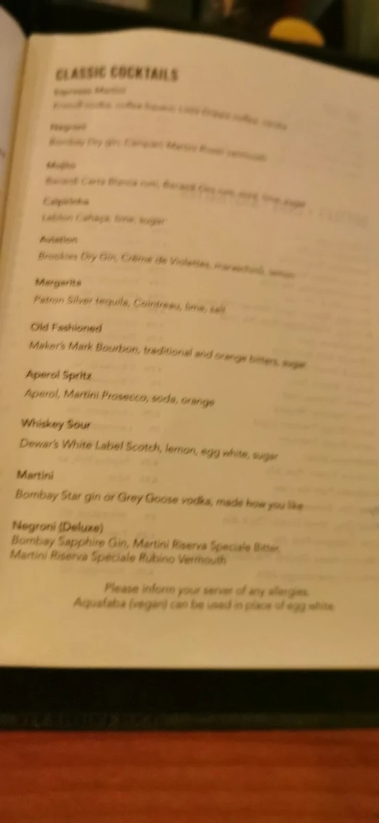 Menu, Francesca's Bar