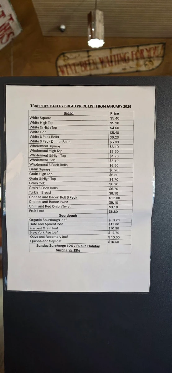 Menu, Trappers Bakery