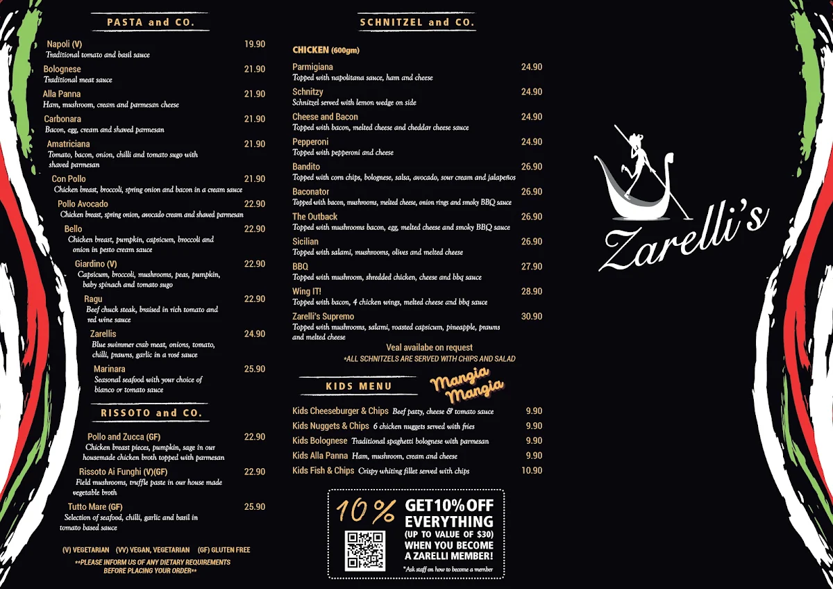 Menu, Zarelli's Cafe Ristorante