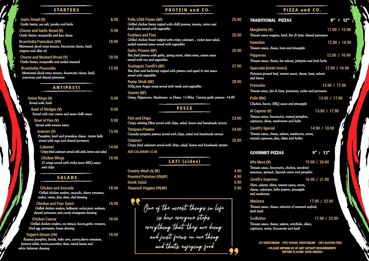 Menu, Zarelli's Cafe Ristorante