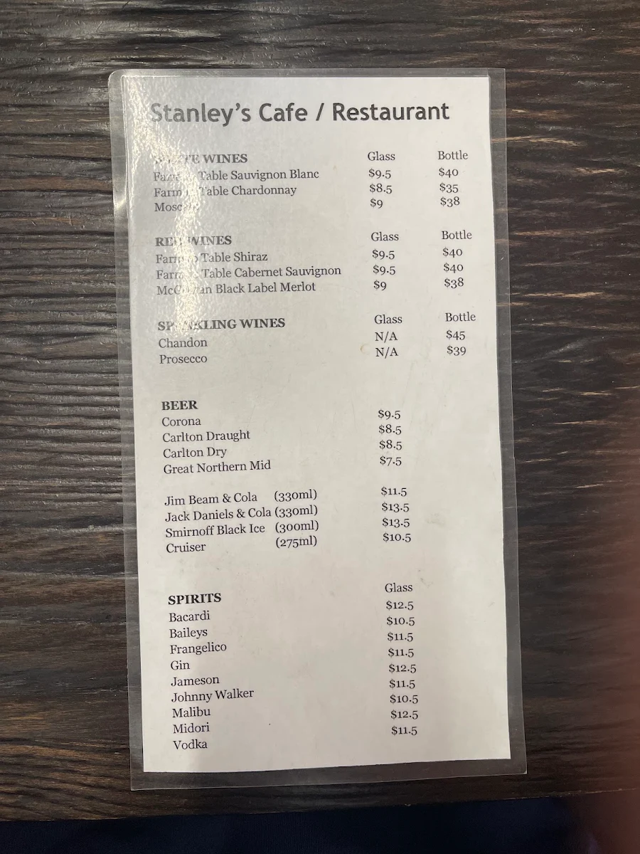 Menu, Stanley's Cafe / Restaurant