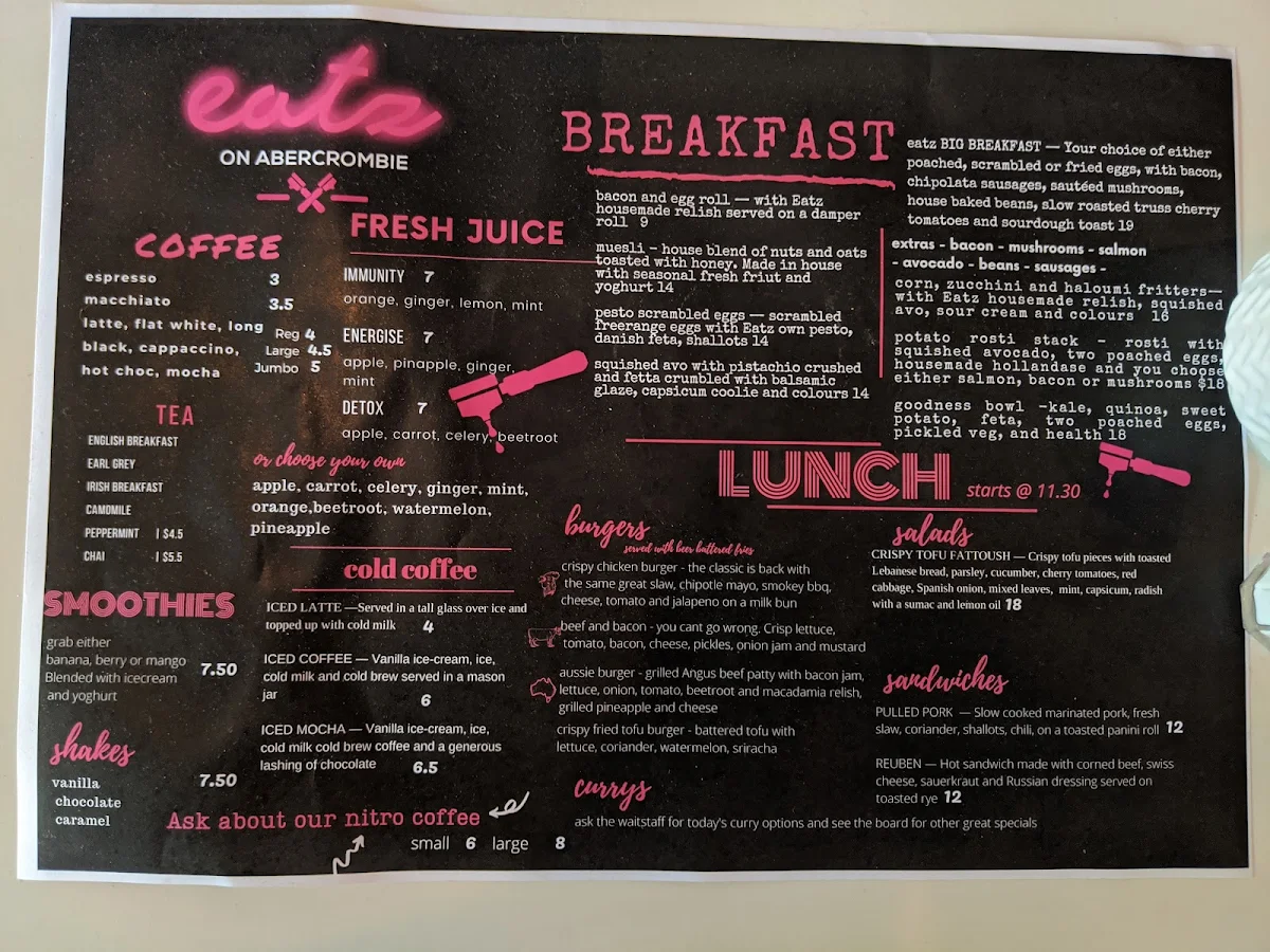Menu, Eatz on Abercrombie Cafe