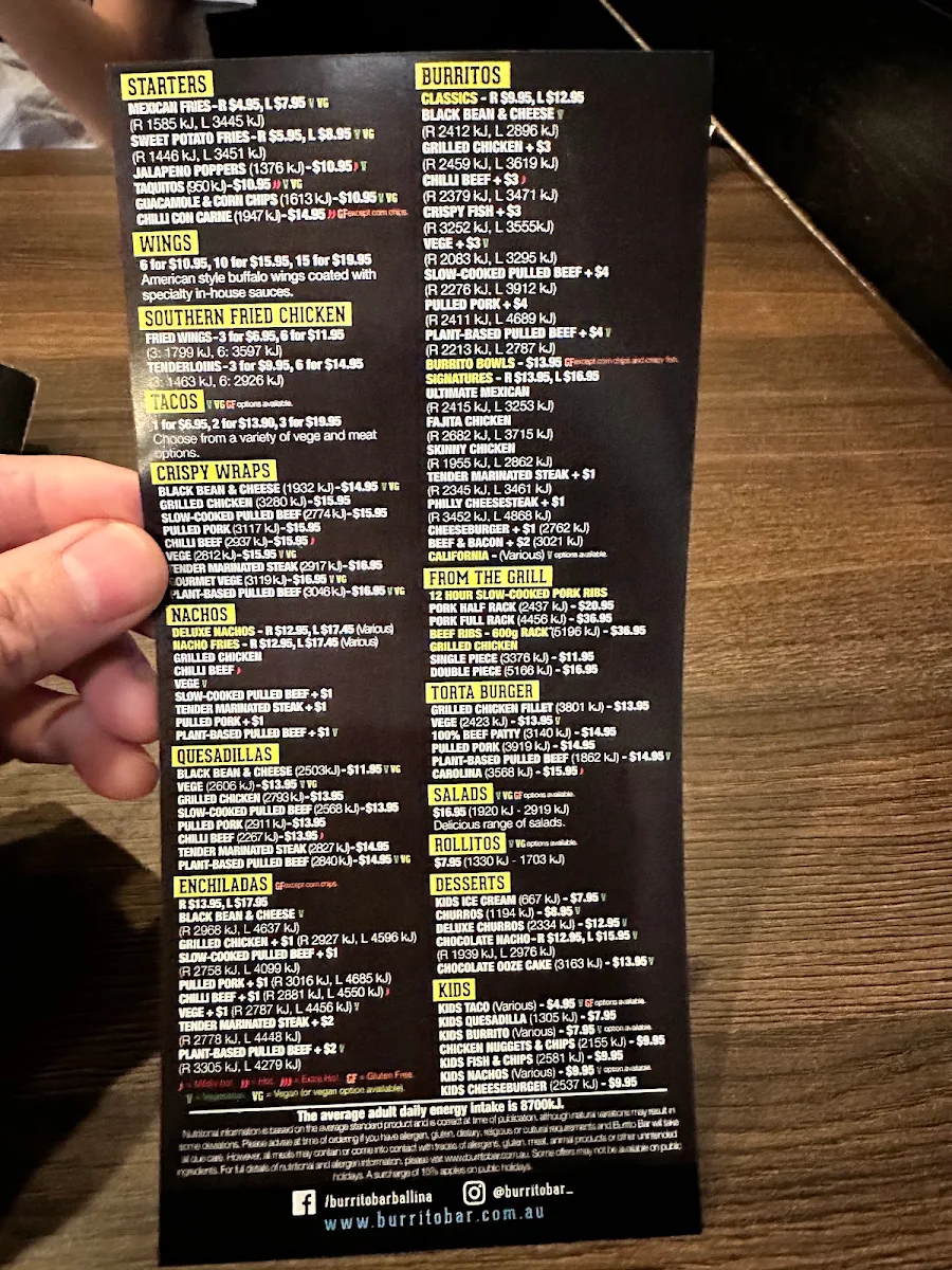Menu, Burrito Bar Ballina