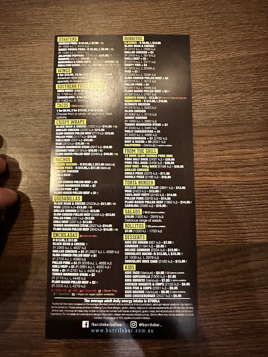 Menu, Burrito Bar Ballina
