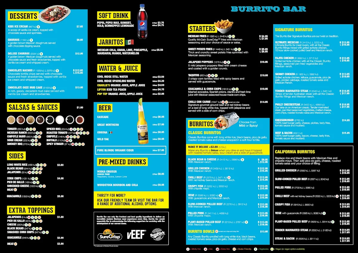 Menu, Burrito Bar Ballina