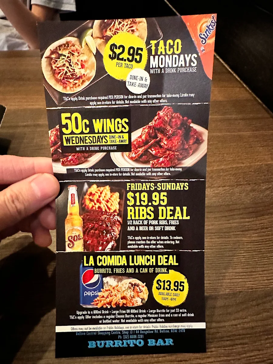 Menu, Burrito Bar Ballina