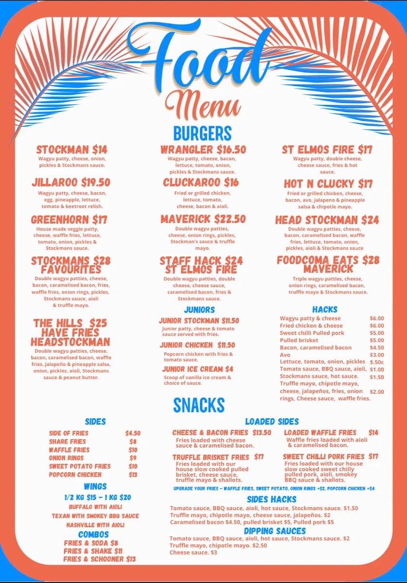 Menu, Stockmans Burgers Beers Desserts Dee Why