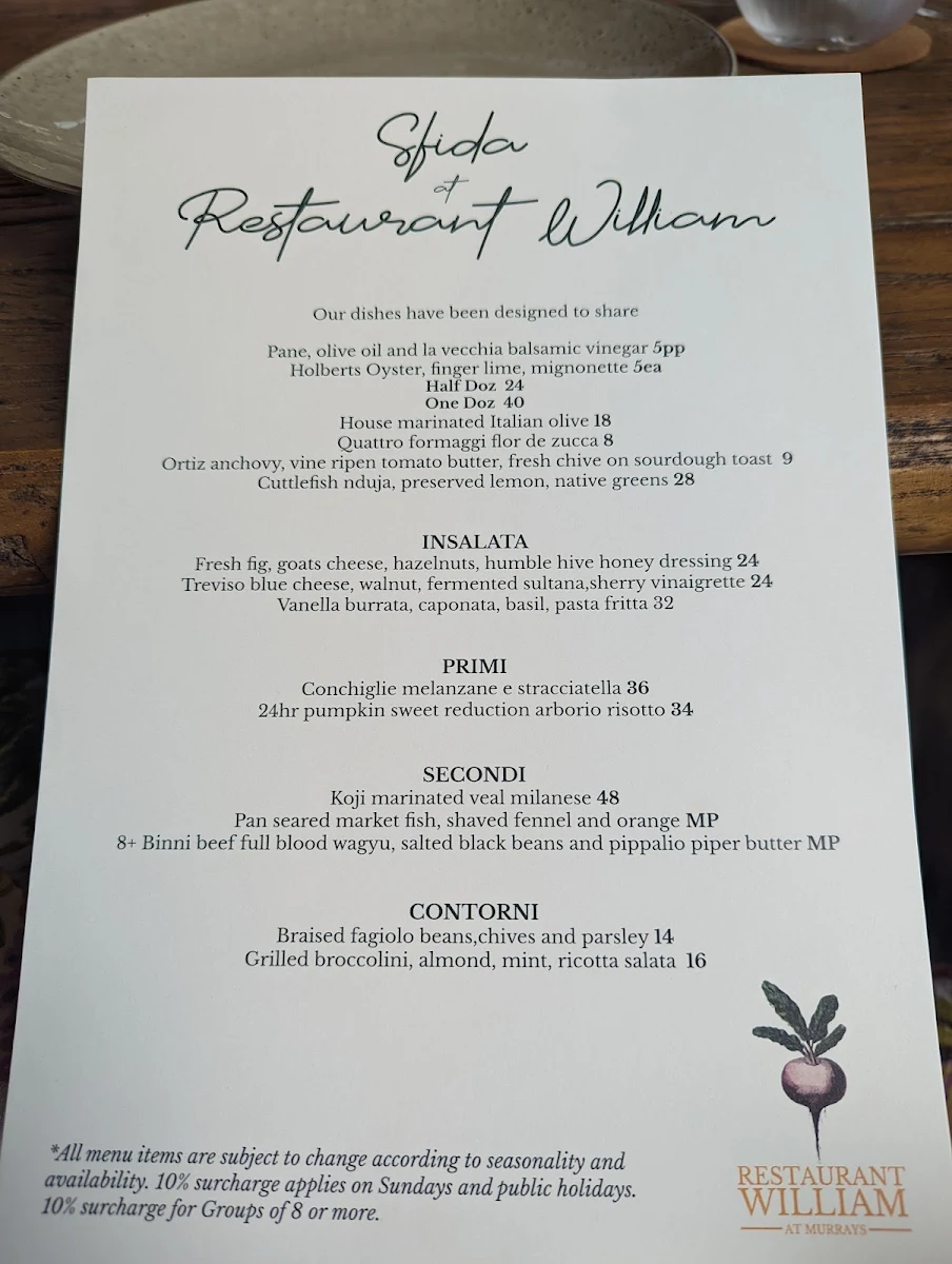 Menu, Restaurant William