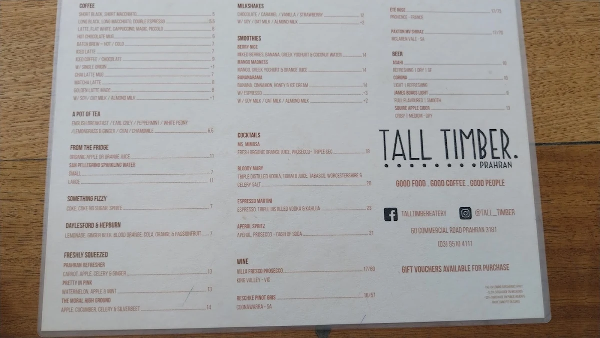 Menu, Tall Timber Cafe