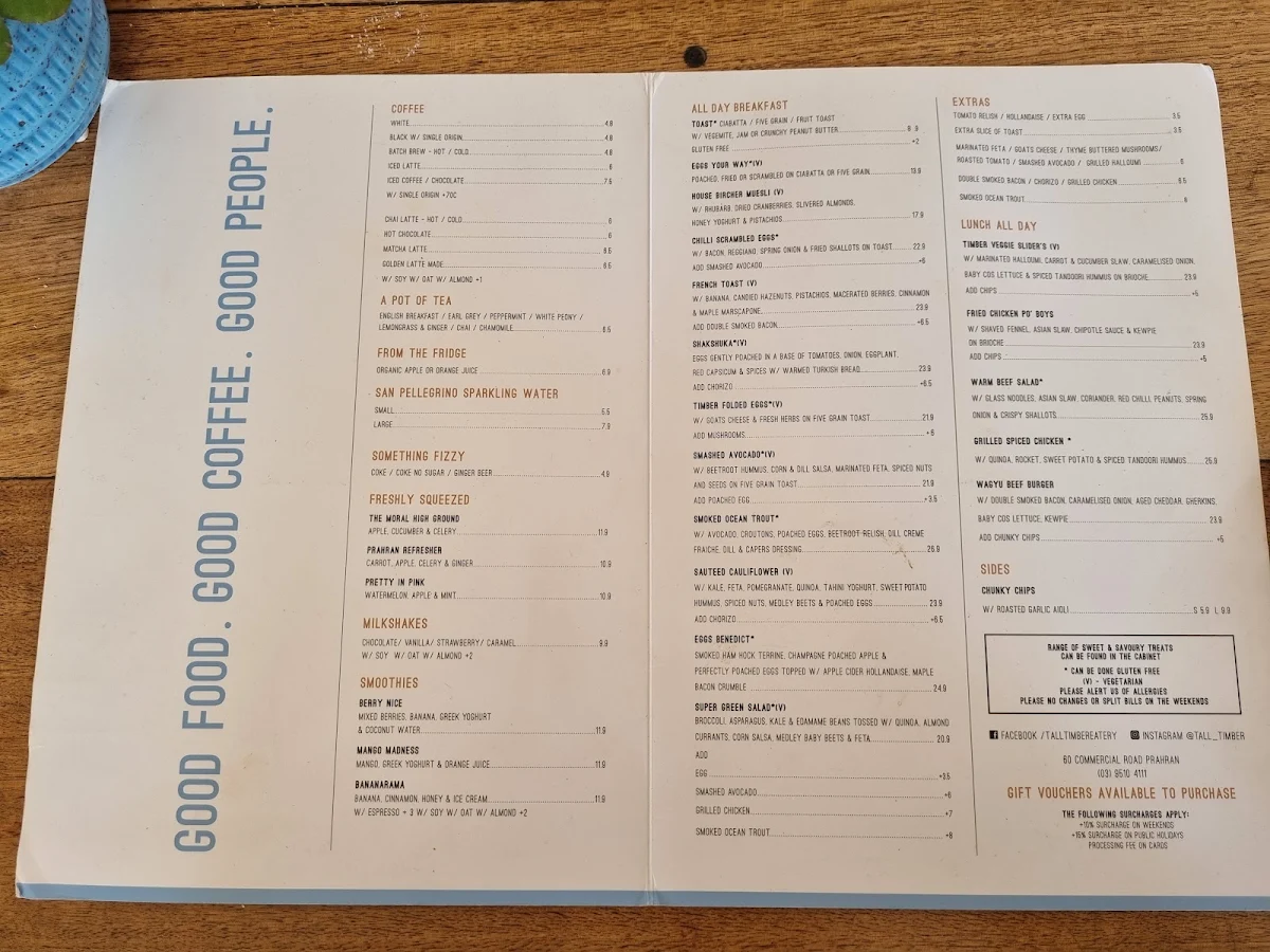 Menu, Tall Timber Cafe