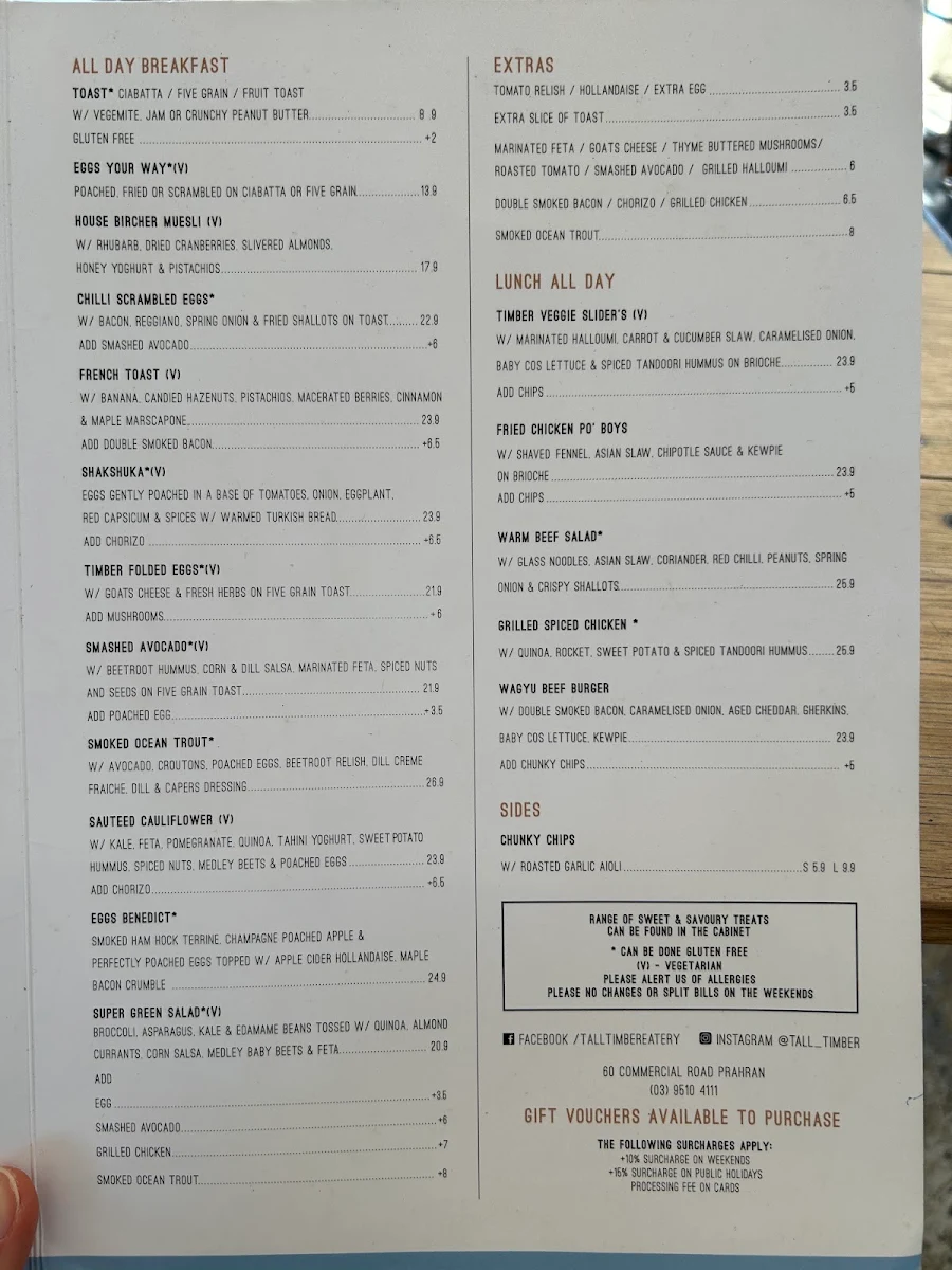 Menu, Tall Timber Cafe