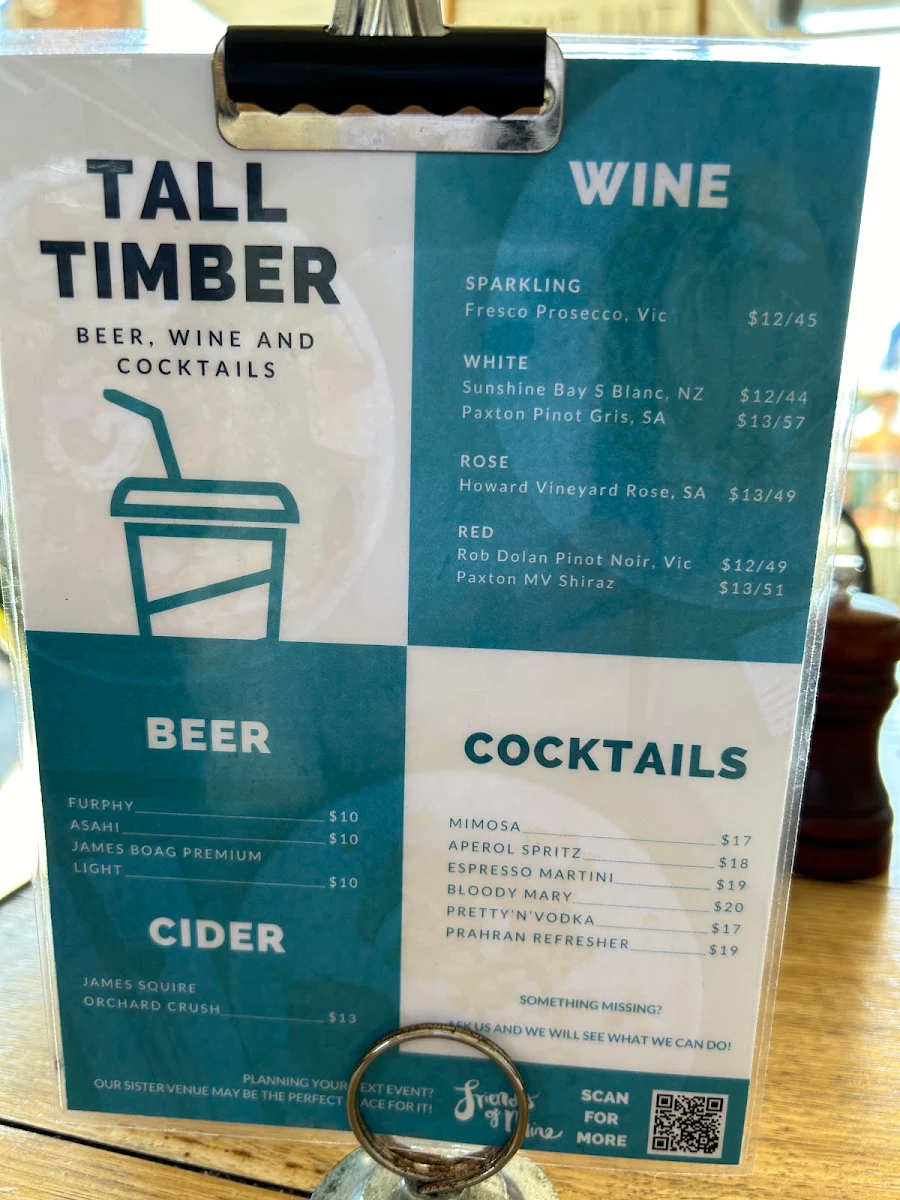 Menu, Tall Timber Cafe
