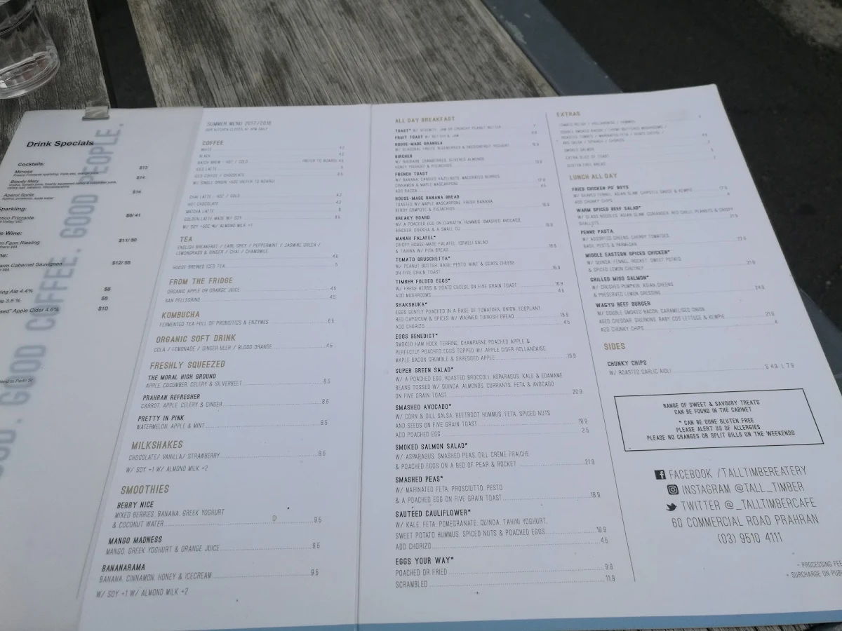 Menu, Tall Timber Cafe