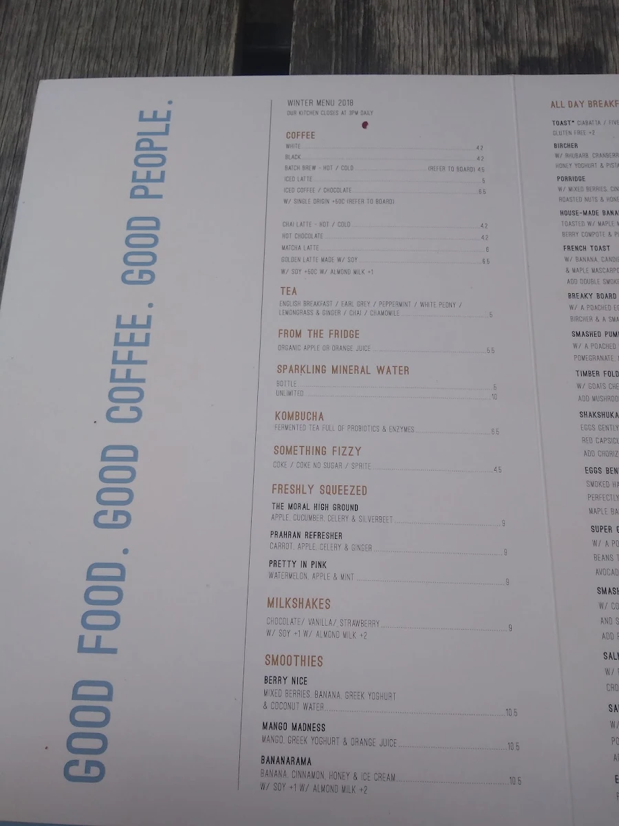 Menu, Tall Timber Cafe