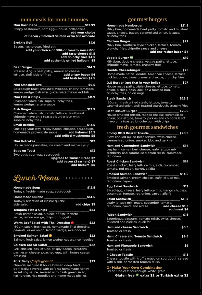 Menu, Cafe 65