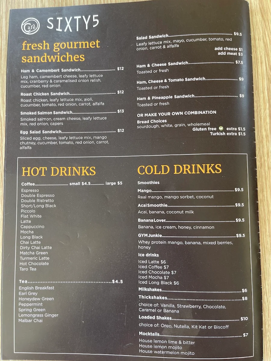 Menu, Cafe 65