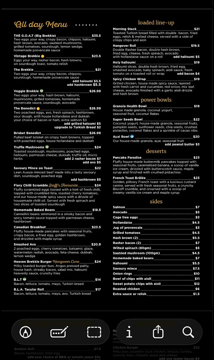Menu, Cafe 65