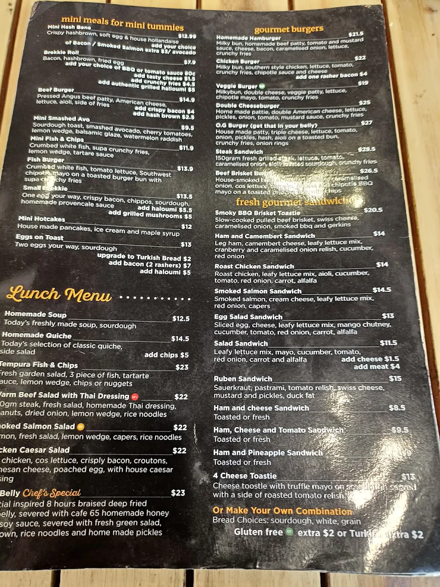 Menu, Cafe 65