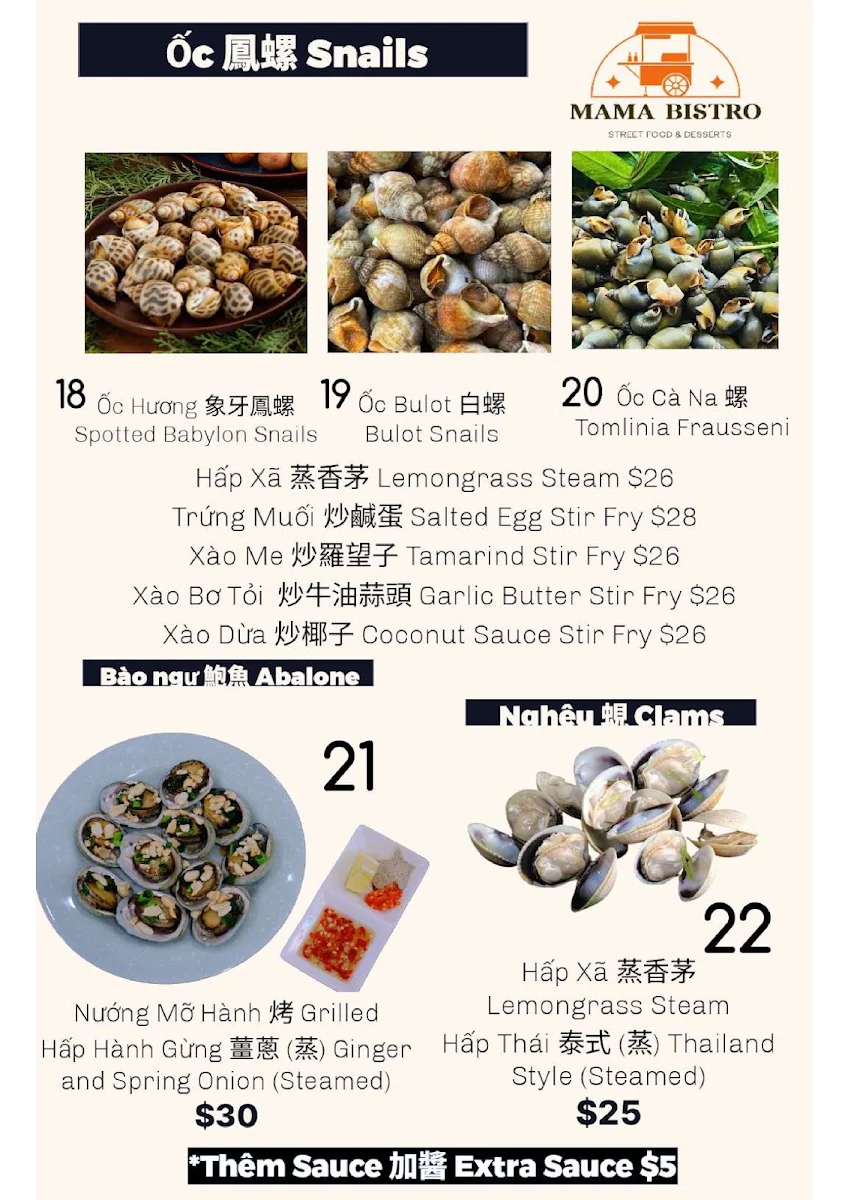 Menu, Mama Bistro
